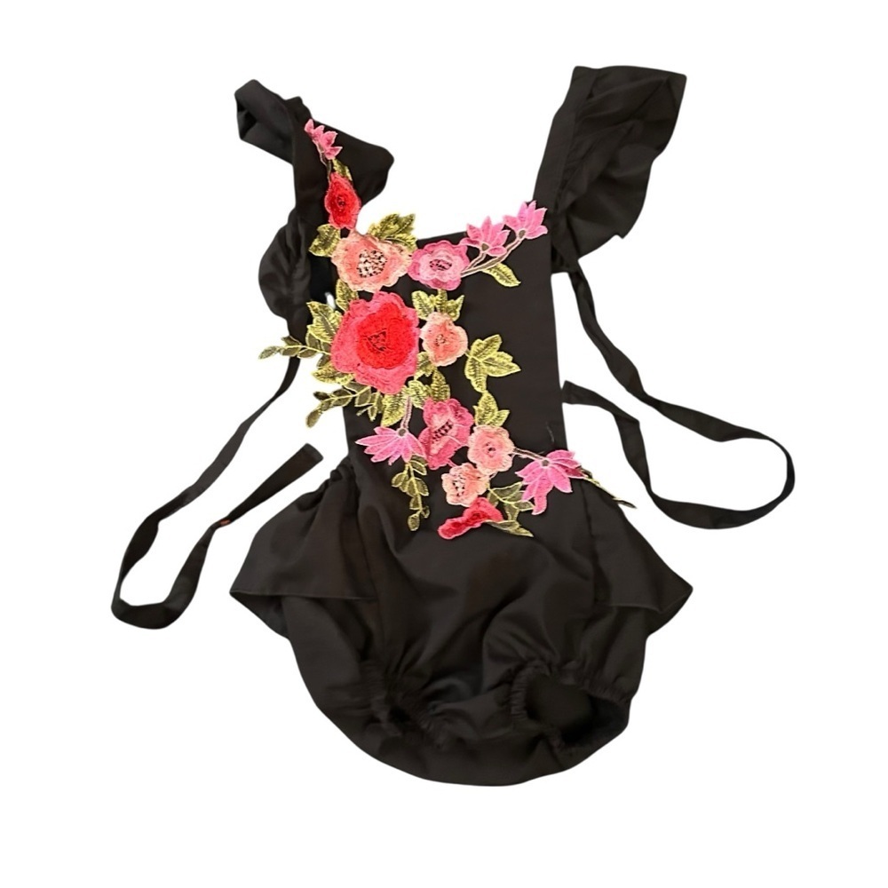 Kids Black Romper with Floral Embroidery